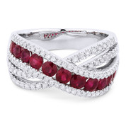 1.61ct Round Brilliant Cut Ruby & Round Diamond Pave Right-Hand Overlap-Design Fashion Ring in 18k White Gold