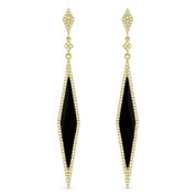 1.63ct Black Onyx & Diamond Pave Dangling Diamond-Shaped Stiletto Earrings in 14k Yellow Gold