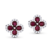 1.67ct Pear-Shaped Ruby & Round Diamond Pave Flower Stud Earrings in 18k White Gold