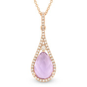1.70ct Pink Amethyst & Diamond Tear-Drop Halo Pendant & Chain Necklace in 14k Rose Gold