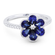 1.76ct Pear-Shaped Sapphire & Round Cut Diamond Right-Hand Flower Ring in 18k White Gold