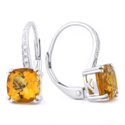 1.80ct Cushion Cut Citrine & Round Cut Diamond Leverback Drop Earrings in 14k White Gold