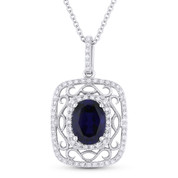 1.81ct Oval Cut Blue Lab-Sapphire & Diamond Edwardian-Style Pendant & Chain Necklace in 14k White Gold