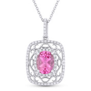 1.82ct Oval Cut Pink Lab-Sapphire & Diamond Edwardian-Style Pendant & Chain Necklace in 14k White Gold