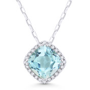 1.83ct Cushion Cut Blue Topaz & Round Diamond Halo Pendant & Chain Necklace in 14k White Gold