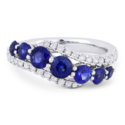 1.84ct Round Brilliant Cut Sapphire & Diamond Pave Right-Hand Ring Swirl Band in 18k White Gold