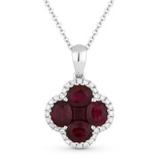1.84ct Oval & Princess Ruby & Round Diamond Flower Pendant in 18k White Gold w/ 14k Chain Necklace