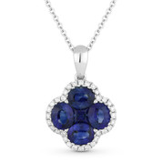 1.91ct Oval & Princess Sapphire & Round Diamond Flower Pendant in 18k White Gold w/ 14k Chain Necklace