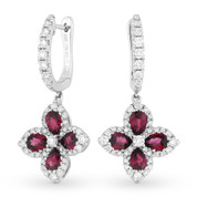 1.92ct Pear-Shaped Ruby & Round Cut Diamond Dangling Flower Earrings in 18k White Gold