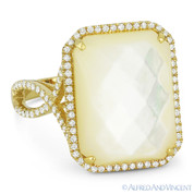 10.35ct Checkerboard Cushion Mother-of-Pearl & Round Cut Diamond Pave Cocktail Ring in 14k Yellow Gold