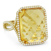10.50ct Checkerboard Cushion Citrine & Round Cut Diamond Pave Cocktail Ring in 14k Yellow Gold