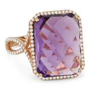 10.57ct Checkerboard Cushion Amethyst & Round Cut Diamond Pave Cocktail Ring in 14k Rose Gold