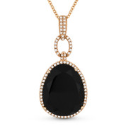 10.76ct Pear-Shaped Black Onyx & Round Cut Diamond Halo Pendant & Chain Necklace in 14k Rose Gold