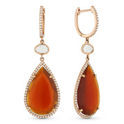 10.84ct Red Agate, White Topaz, & Diamond Pave Dangling Tear-Drop Earrings in 14k Rose Gold
