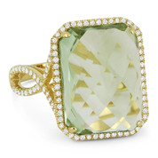 10.85ct Checkerboard Cushion Green Amethyst & Round Cut Diamond Pave Cocktail Ring in 14k Yellow Gold
