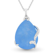 10.88ct Pear-Shaped Blue Jade & Round Cut Diamond Pendant & Chain Necklace in 14k White Gold