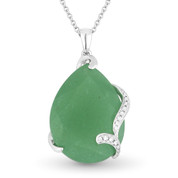 10.98ct Pear-Shaped Aventurine & Round Cut Diamond Pendant & Chain Necklace in 14k White Gold