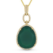 11.46ct Pear-Shaped Green Agate & Round Cut Diamond Halo Pendant & Chain Necklace in 14k Yellow Gold