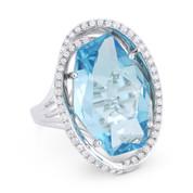 11.49ct Fancy Checkerboard Blue Topaz & Diamond Oval Halo Cocktail Ring in 14k White Gold
