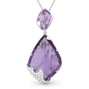 12.46ct Fancy Cut Amethyst & Round Diamond Pave Pendant & Chain Necklace in 14k White Gold