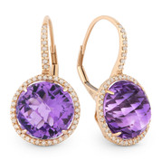 12.56ct Checkerboard Purple Amethyst & Round Cut Diamond Halo Leverback Drop Earrings in 14k Rose Gold