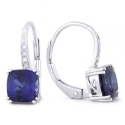 2.70ct Cushion Cut Lab-Created Blue Sapphire & Round Cut Diamond Leverback Drop Earrings in 14k White Gold