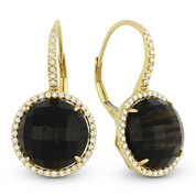 13.02ct Checkerboard Smoky Topaz & Round Cut Diamond Halo Leverback Drop Earrings in 14k Yellow Gold