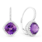 2.90ct Cushion Cut Purple Amethyst & Round Diamond Leverback Drop Earrings in 14k White Gold