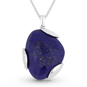 14.34ct Fancy Checkerboard Blue Lapis & Round Diamond Pave Pendant & Chain Necklace in 14k White Gold