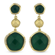 14.63ct Checkerboard Green Agate & Round Cut Diamond Dangling Earrings in 14k Yellow Gold