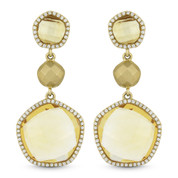 15.04ct Checkerboard Citrine & Round Cut Diamond Pave Dangling Earrings in 14k Yellow Gold