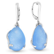 15.39ct Blue Jade & Diamond Flower & Vine Dangling Earrings in 14k White Gold