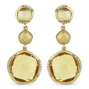 15.63ct Checkerboard Citrine & Round Cut Diamond Dangling Earrings in 14k Yellow Gold
