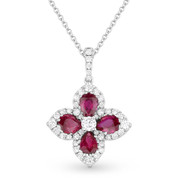 2.00ct Ruby & Diamond Pave Flower Pendant in 18k White Gold w/ 14k Chain Necklace