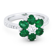 2.03ct Oval Cut Emerald & Round Brilliant Diamond Flower-Design Cocktail Ring in 18k White Gold