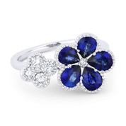 2.04ct Pear-Shaped Sapphire & Round Cut Diamond Cluster Two-Flower Statement Ring in 18k White Gold