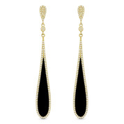 2.08ct Black Onyx & Diamond Pave Dangling Tear-Drop Earrings in 14k Yellow Gold