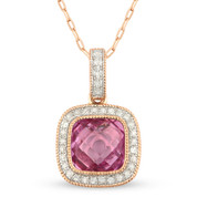 2.09ct Checkerboard Lab-Created Pink Sapphire & Diamond Halo Pendant & Chain Necklace in 14k Rose Gold