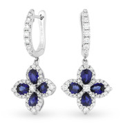 2.12ct Pear-Shaped Blue Sapphire & Round Cut Diamond Dangling Flower Earrings in 18k White Gold