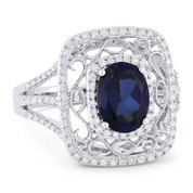 2.13ct Oval Cut Lab-Created Sapphire & Round Diamond Antique-Style Ring in 14k White Gold