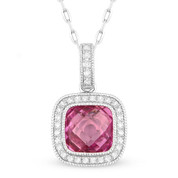 2.20ct Checkerboard Lab-Created Pink Sapphire & Round Cut Diamond Halo Pendant & Chain Necklace in 14k White Gold