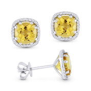 2.23ct Cushion Cut Citrine & Round Diamond 8-Prong Square-Halo Stud Earrings in 14k White Gold