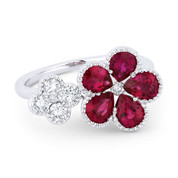 2.23ct Pear-Shaped Ruby & Round Cut Diamond Cluster Two-Flower Statement Ring in 18k White Gold