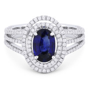 2.26ct Oval Blue Sapphire & Diamond Double-Halo Triple-Band Engagement Ring in 18k White Gold