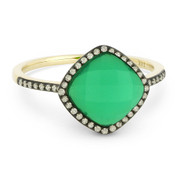 2.36ct Checkerboard Cushion Green Agate / White Topaz Doublet & Round Cut Diamond Halo Ring in 14k Yellow & Black Gold