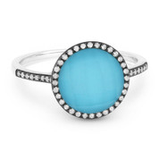 2.42ct Checkerboard Blue Turquoise / White Topaz Doublet & Round Diamond Cut Halo Ring in 14k White & Black Gold