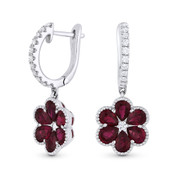 2.58ct Pear-Shaped Ruby & Round Diamond Dangling Flower Earrings in 18k White Gold