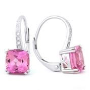 2.65ct Cushion Cut Lab-Created Pink Sapphire & Round Cut Diamond Leverback Drop Earrings in 14k White Gold