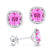 2.69ct Cushion Cut Pink Lab-Created Sapphire & Round Diamond 8-Prong Square-Halo Stud Earrings in 14k White Gold