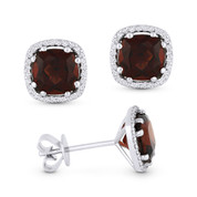 2.73ct Cushion Cut Garnet & Round Diamond 8-Prong Square-Halo Stud Earrings in 14k White Gold